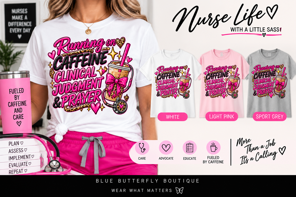 Running on Caffeine Clinical Judgment and Prayer T-shirt mockup in White Light Pink and Sport Grey