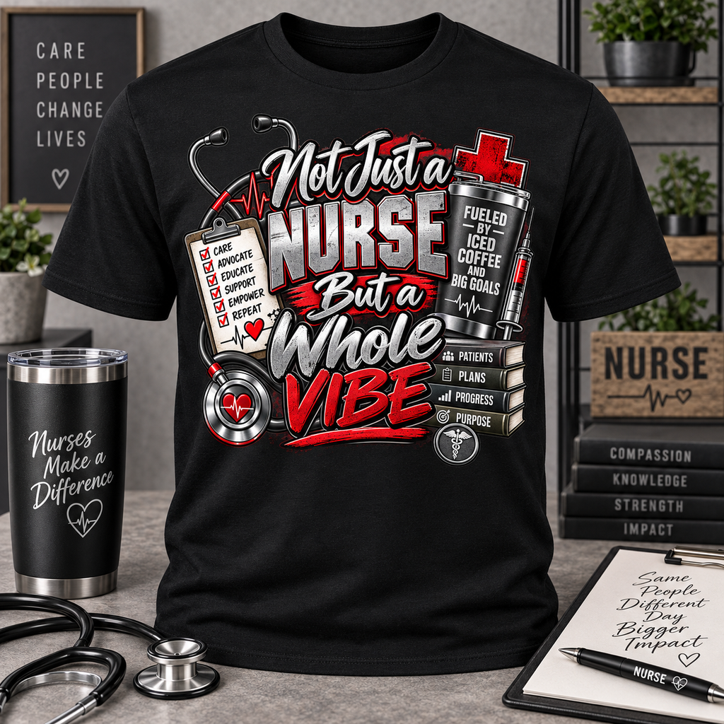 Not Just a Nurse But a Whole Vibe red grey masculine Stable-ish T-shirt mockup