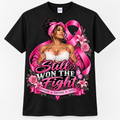 Still Won the Fight survivor breast cancer awareness black Gildan T-shirt mockup with realistic collar and centered design