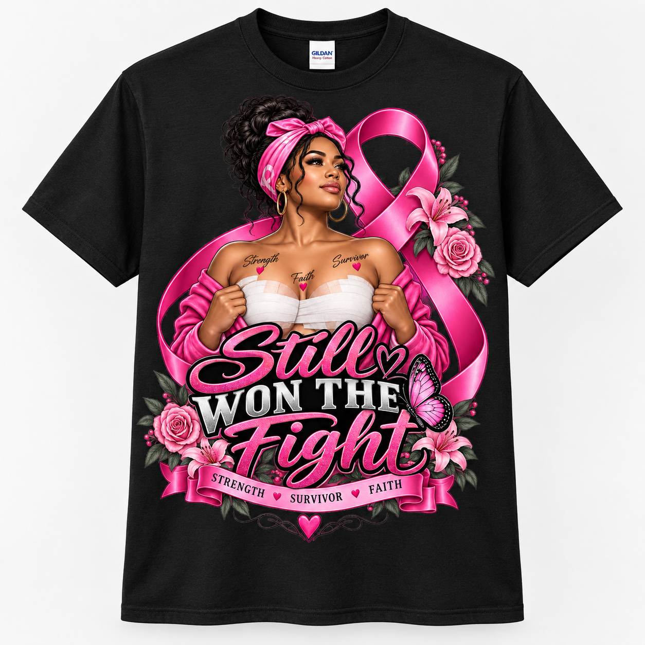 Still Won the Fight survivor breast cancer awareness black Gildan T-shirt mockup with realistic collar and centered design