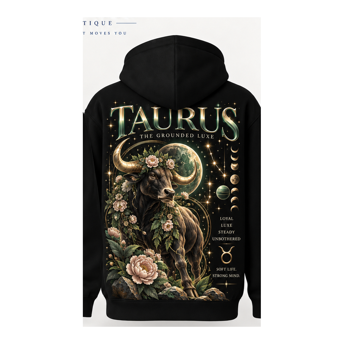 Taurus black pullover hoodie with one large back design only