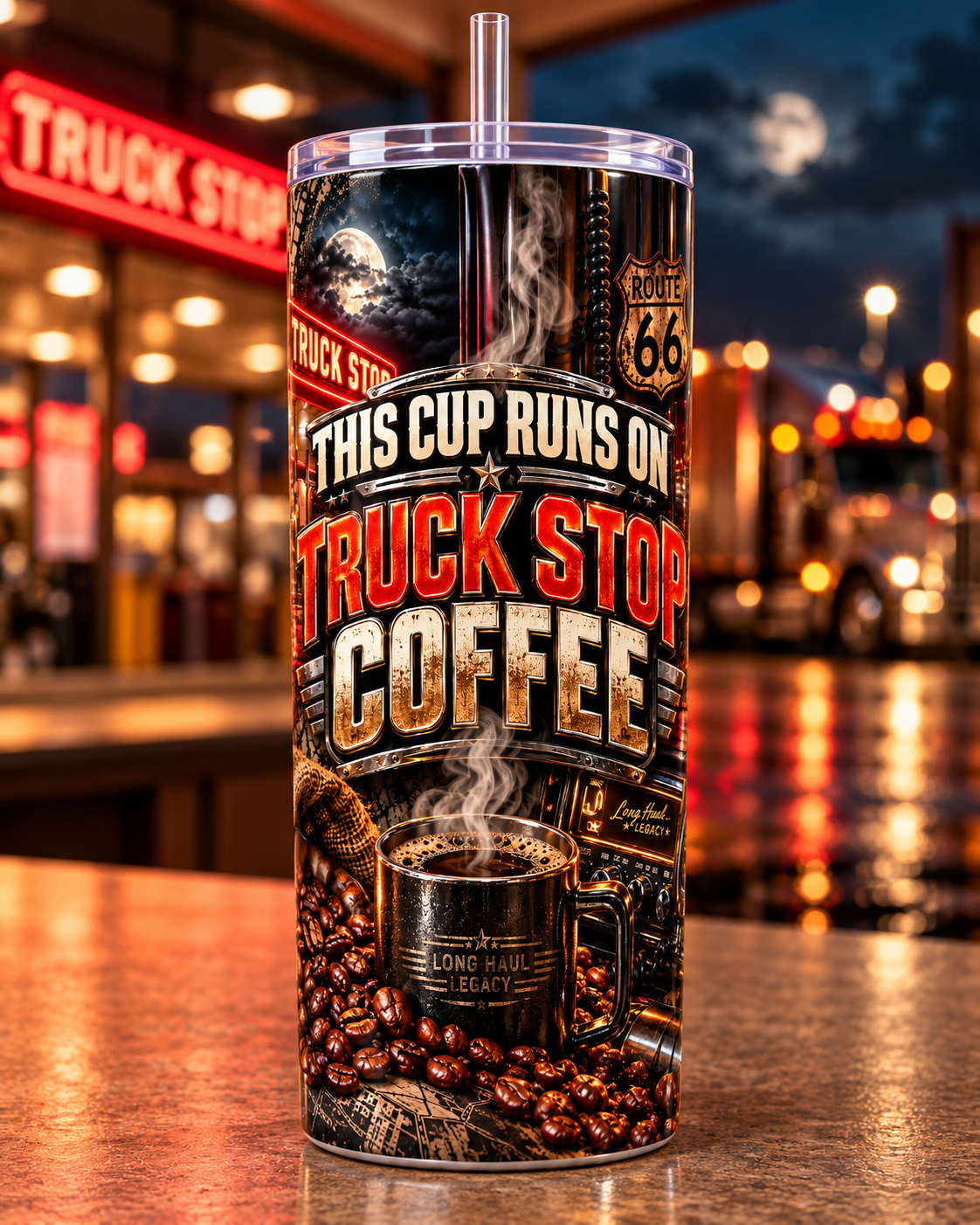 This Cup Runs on Truck Stop Coffee 20oz tumbler mockup - Long Haul Legacy