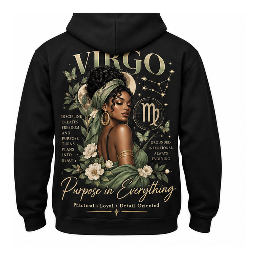 Virgo black pullover hoodie with one large back design only