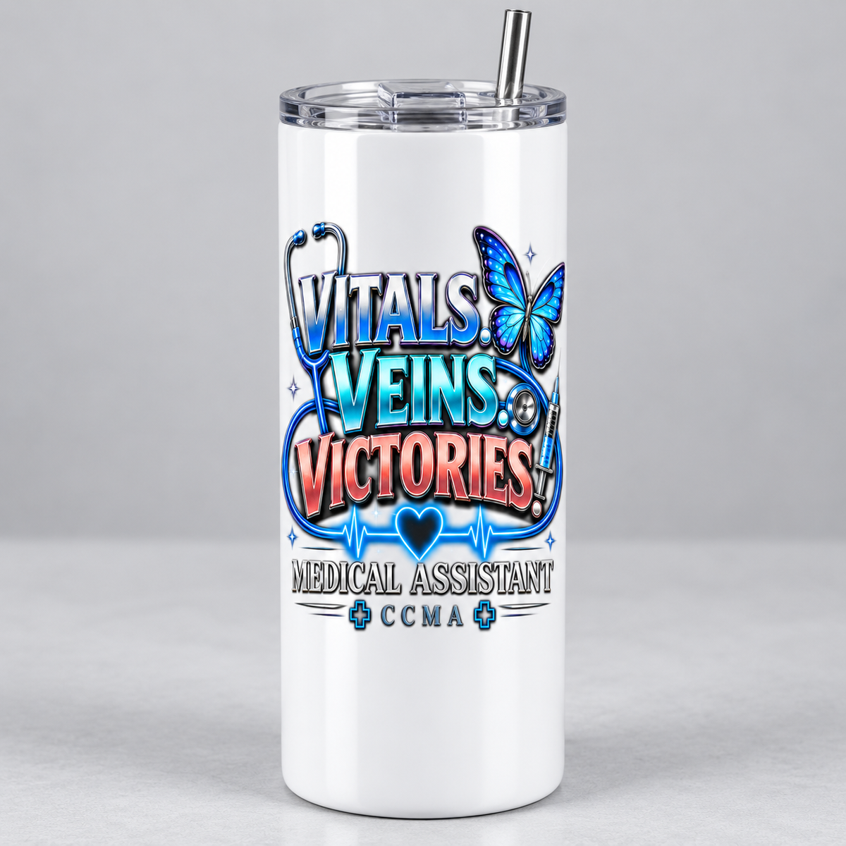Vitals. Veins. Victories. medical assistant white 20 oz tumbler