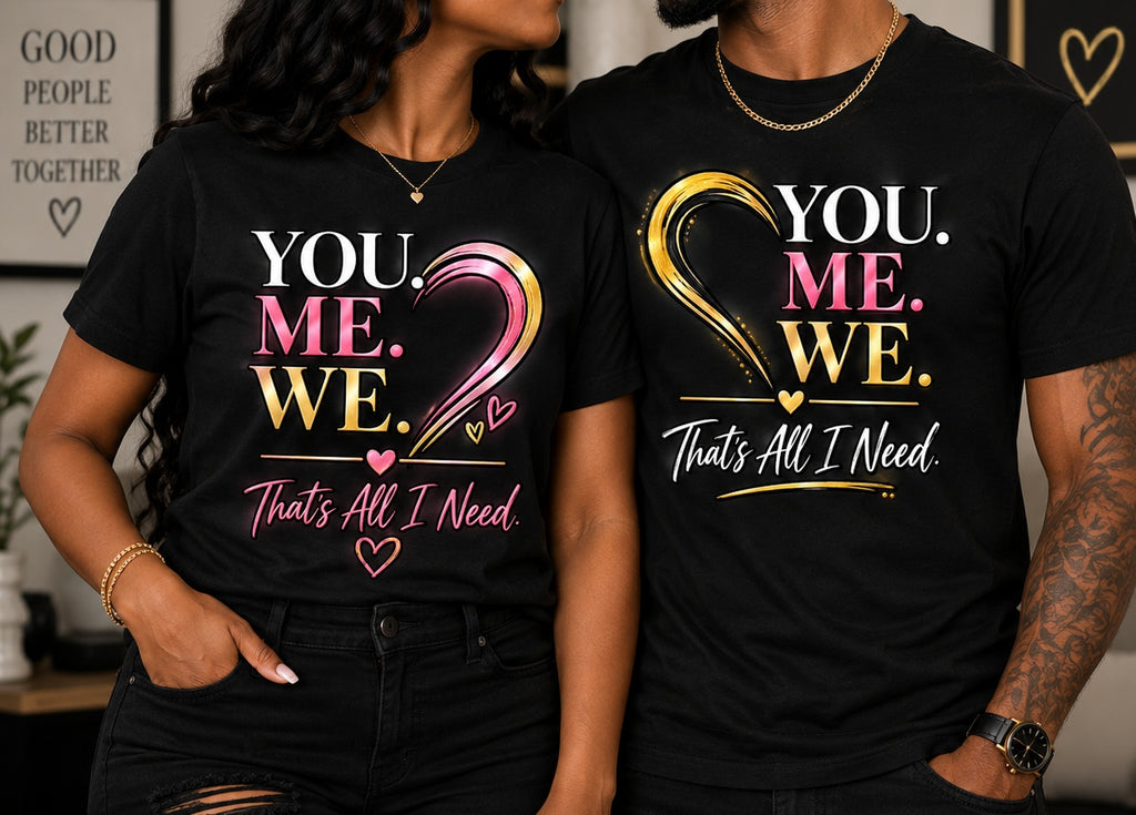 Couple wearing You Me We coordinated unisex black T-shirts with natural straight hems